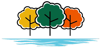 Three stylized trees in yellow, green, and orange stand in a row above blue water with wavy lines.