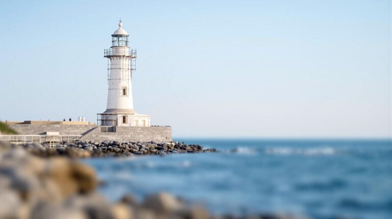 A classic lighthouse on a generic coastal setting with subtle restoration scaffolding, under soft daylight and surrounded by a blurred shoreline and sky.