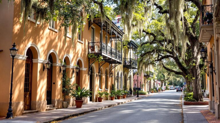 A serene Savannah street showcasing Spanish and colonial architecture with warm stucco walls, arches, and wrought-iron balconies, framed by live oak trees draped in Spanish moss.