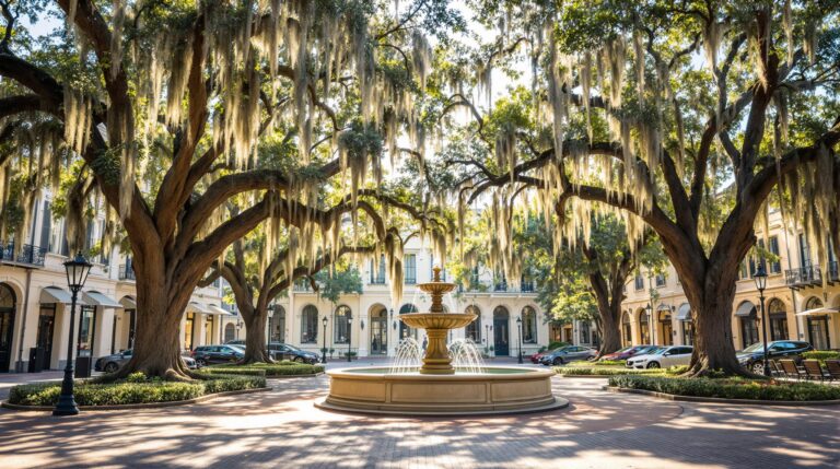 A historic city square with large oak trees draped in Spanish moss, a stone fountain at the center, and classically inspired buildings in the background. Midday sunlight creates soft shadows, enhancing the warm, inviting atmosphere.