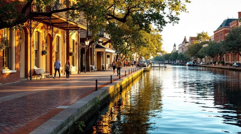 A scenic view of a generic waterfront at sunset, with a calm river reflecting warm hues of orange and gold. Cobblestone walkway and historic-style brick facades in the background, faintly illuminated by soft, late-afternoon light. A few people are strolling along the riverbank, adding a sense of casual movement and life to the tranquil scene.