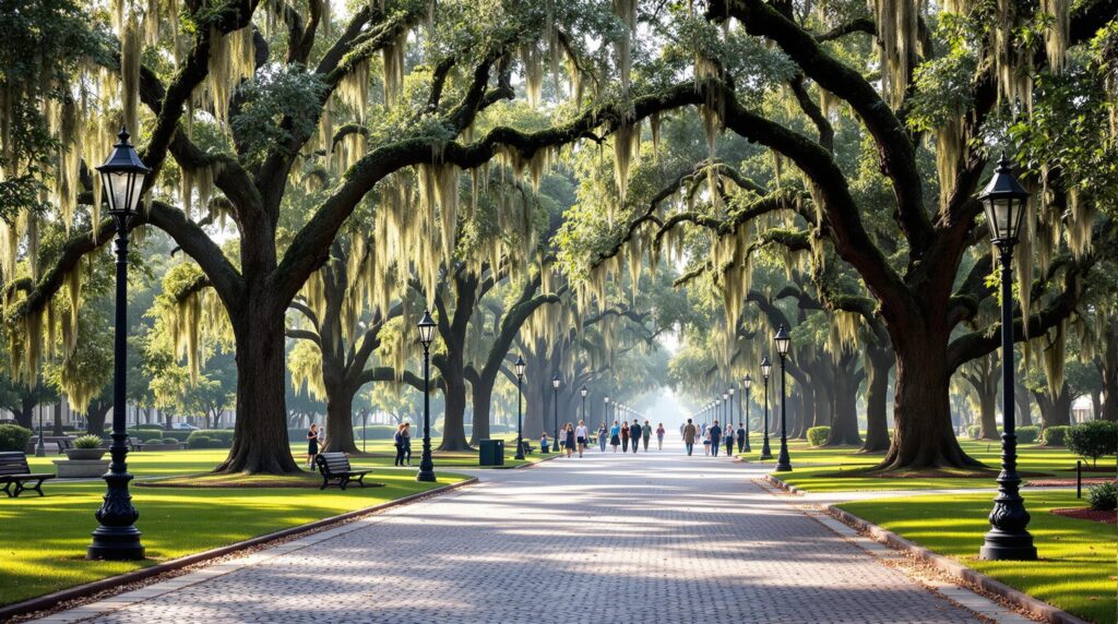 A peaceful park scene with tall oak trees draped in moss lining a cobblestone walkway, softly lit by morning light, with a few people strolling leisurely in the background. Victorian-style lampposts and manicured lawns create a welcoming, timeless Southern atmosphere.