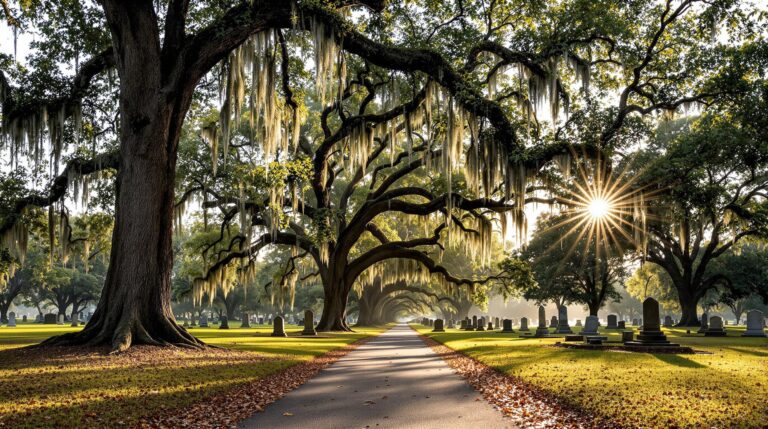 A scenic cemetery path lined with oak trees draped in Spanish moss, with sunlight filtering through leaves, and distant tombstones creating a serene, reflective atmosphere.