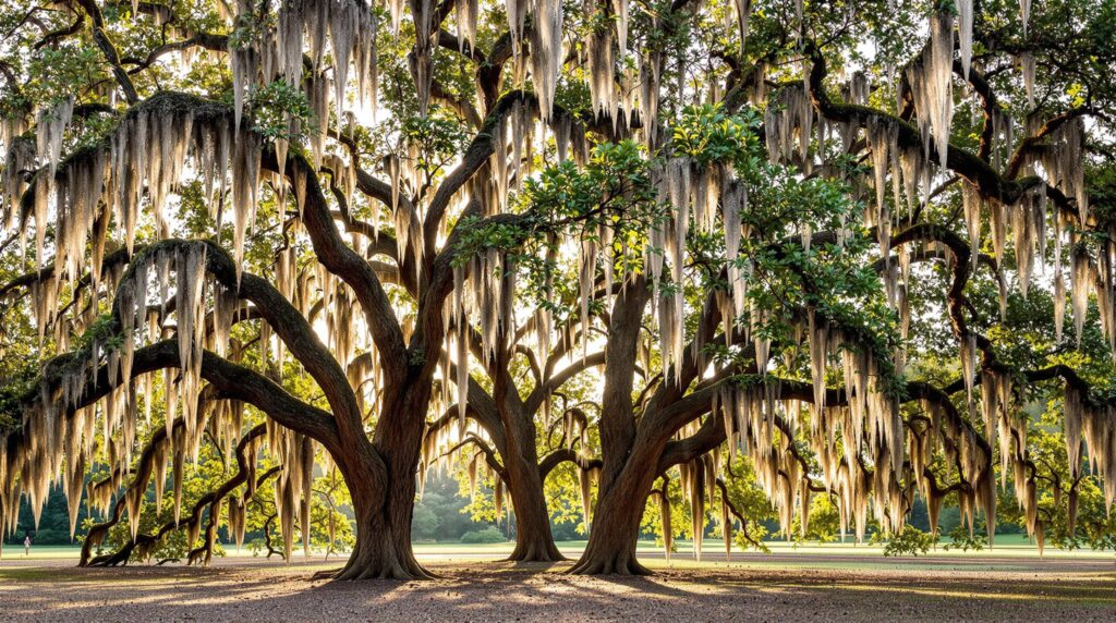 A cluster of tall live oak trees draped in Spanish moss with sunlight filtering through the leaves, casting soft shadows on the ground.