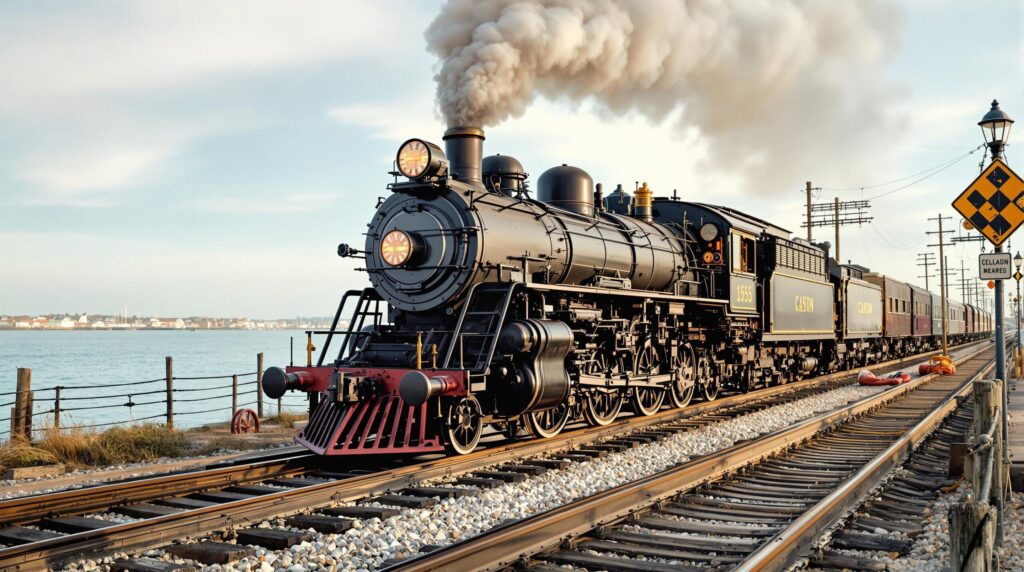 A vintage steam locomotive on railroad tracks near a coastal setting, with a calm water backdrop and maritime elements, captured in warm daylight with a shallow depth of field.