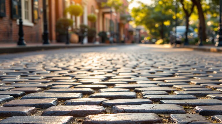 A cobblestone street in warm afternoon light, with textured stones in the foreground and generic brick facades in the background, evoking historic Savannah charm.