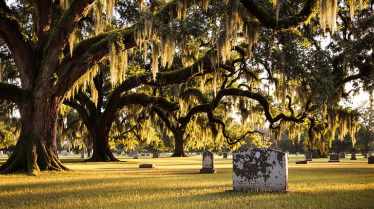 A serene rural cemetery scene with moss-draped oak trees and weathered tombstones under warm afternoon light, near Savannah, Georgia.