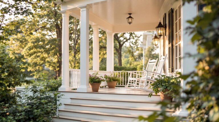 A classic Southern-style porch with white columns and wooden steps features two rocking chairs under a pitched roof, surrounded by potted plants and subtle greenery, conveying warmth and hospitality.