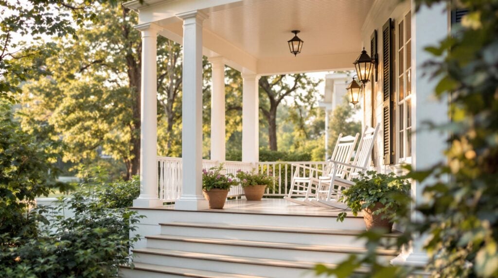 A classic Southern-style porch with white columns and wooden steps features two rocking chairs under a pitched roof, surrounded by potted plants and subtle greenery, conveying warmth and hospitality.