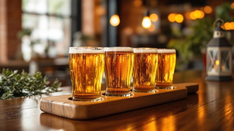A flight of four amber ciders on a wooden paddle sits atop a polished oak bar, with warm blurred lighting and hints of coastal decor in the background.