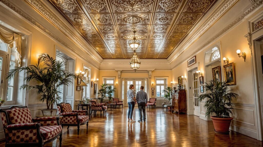 Two visitors admire an ornate pressed-tin ceiling in a historic inn lobby with vintage furniture and warm lighting, inspired by Savannah, Georgia.