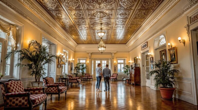 Two visitors admire an ornate pressed-tin ceiling in a historic inn lobby with vintage furniture and warm lighting, inspired by Savannah, Georgia.