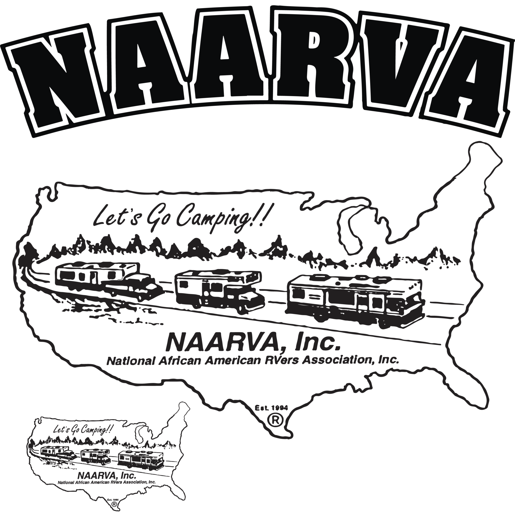Logo for the National African American RVers Association showing RVs traveling across a map of the United States with the slogan "Let's Go Camping!!.