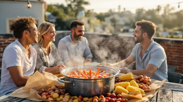 Four friends enjoy a rooftop shrimp boil at sunset, gathered around a rustic wooden table with shrimp, corn, and potatoes, string lights overhead and a blurred cityscape in the background.