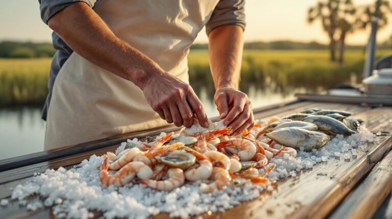 A realistic stock photo of a chef arranging fresh Georgia seafood on ice at a dockside setting, with soft golden-hour lighting, weathered wood counter, and blurred coastal marsh background, highlighting sustainable fishing practices