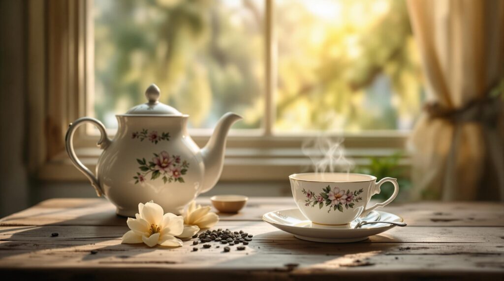 Close-up of a vintage porcelain teapot and teacup on a weathered wooden table with a magnolia blossom, soft natural lighting, blurred window with Spanish moss in the background, capturing a nostalgic Southern tea setting.