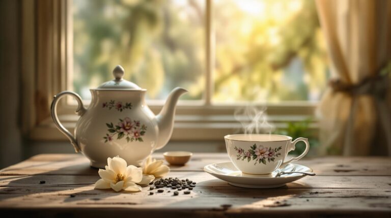 Close-up of a vintage porcelain teapot and teacup on a weathered wooden table with a magnolia blossom, soft natural lighting, blurred window with Spanish moss in the background, capturing a nostalgic Southern tea setting.