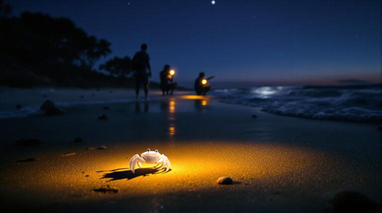 A small ghost crab illuminated by a flashlight on a sandy beach at night, with families and children searching along the shoreline under a starry sky.