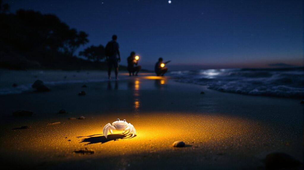 A small ghost crab illuminated by a flashlight on a sandy beach at night, with families and children searching along the shoreline under a starry sky.