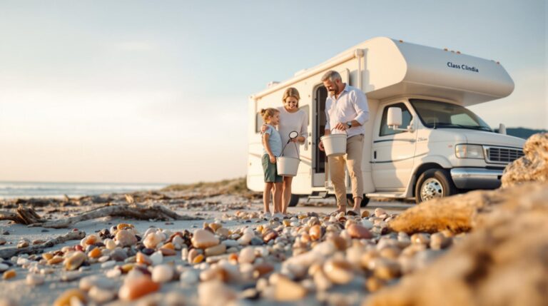 A family examines seashells and pebbles near their RV on a sandy beach, with driftwood and gentle waves in the background under warm evening light.