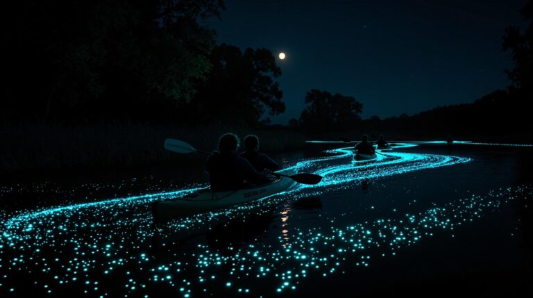 Three kayakers glide at night on a calm creek, their paddles stirring glowing blue-green bioluminescent plankton, with marsh grasses and moss-draped trees silhouetted under a moonlit sky.