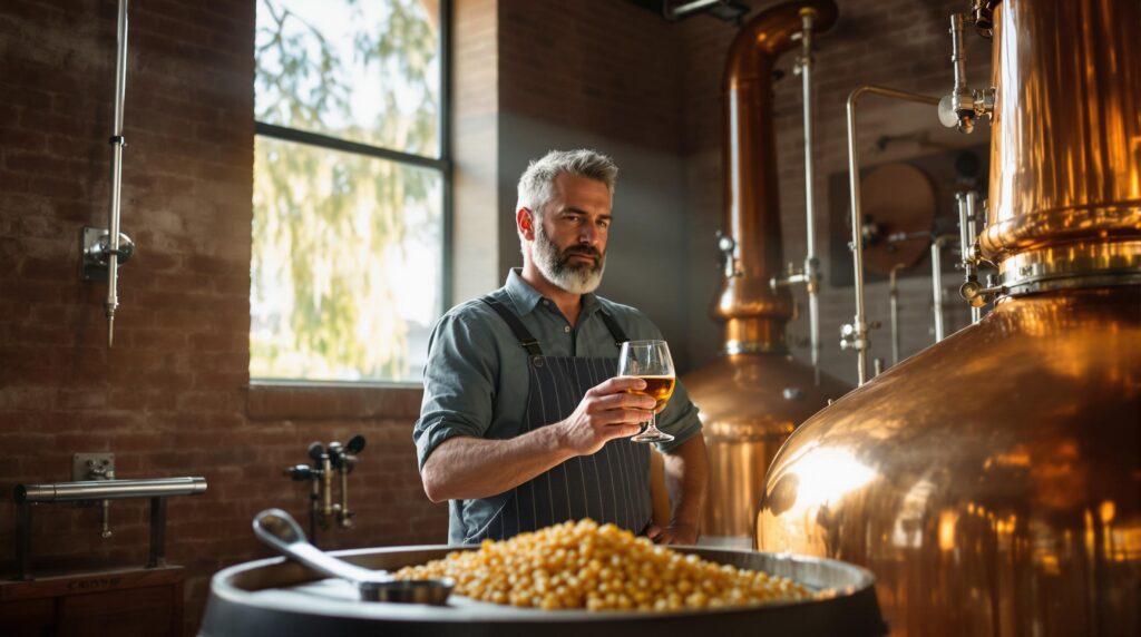 Craft distiller swirling vodka in tasting glass beside copper stills, corn kernels on barrel, in sunlit generic distillery with hints of Savannah atmosphere