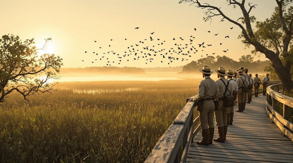Early 1900s birdwatchers on a wooden boardwalk overlooking a misty coastal marsh at sunrise, with wading birds in flight and Spanish moss in the background