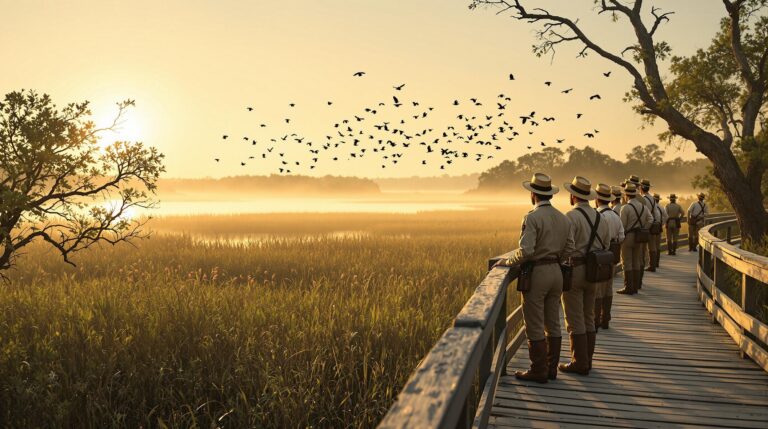Early 1900s birdwatchers on a wooden boardwalk overlooking a misty coastal marsh at sunrise, with wading birds in flight and Spanish moss in the background