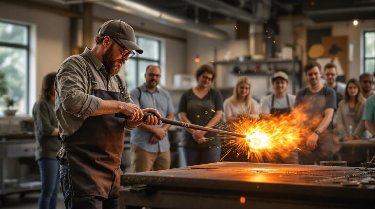 Glassblower shaping molten glass on a blowpipe as a small group of adults watches in a modern art studio with warm lighting.