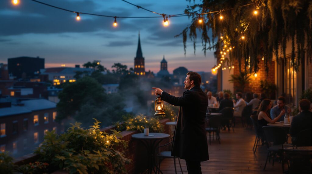 A group of people gathers on a rooftop terrace at night for a ghost tour, led by a guide holding a lantern. Warm lights and mist create a mysterious atmosphere, with historic-style brick buildings and Spanish moss in the background.