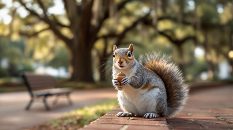 Eastern gray squirrel holding an acorn on a brick edge in a city park with live oaks and Spanish moss in the background, softly lit by morning sunlight.