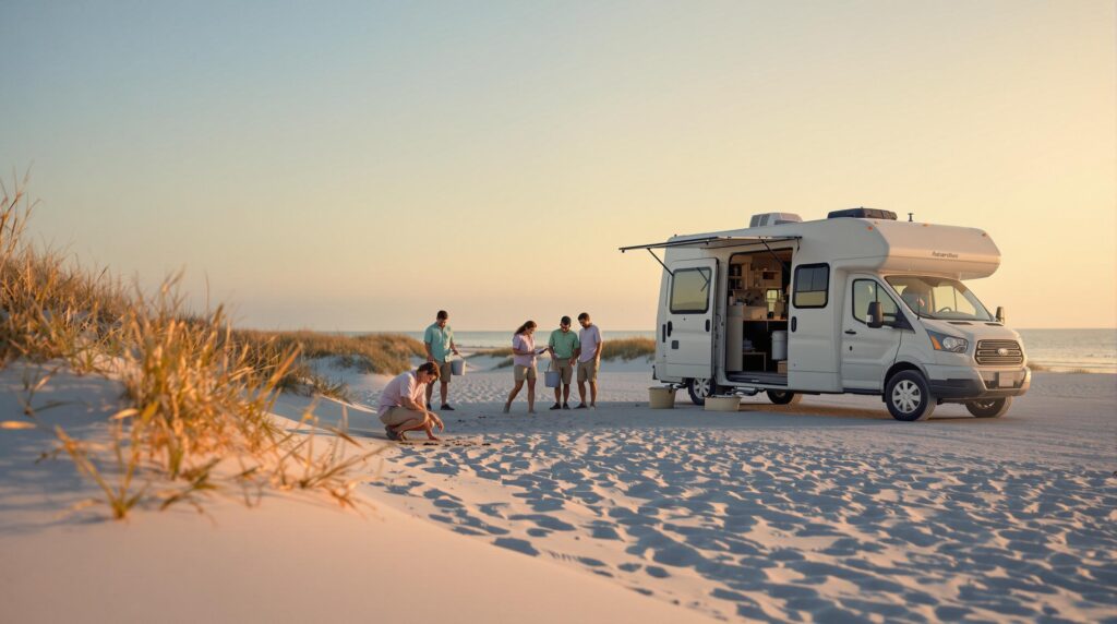 Volunteers in casual clothing inspect sandy dunes for sea turtle tracks near a camper van at sunrise, with gentle ocean waves and sea oats in the background.