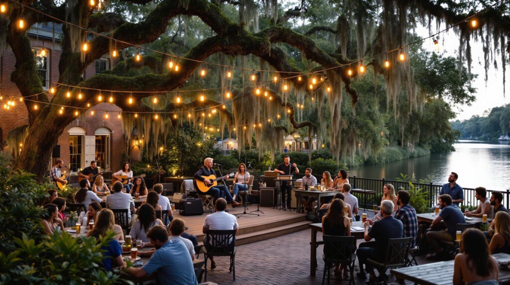 Outdoor brewery concert near a river at sunset, musicians performing on stage, people enjoying drinks at picnic tables, mossy trees and warm string lights in the background
