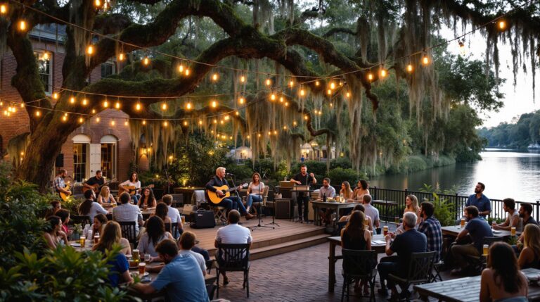 Outdoor brewery concert near a river at sunset, musicians performing on stage, people enjoying drinks at picnic tables, mossy trees and warm string lights in the background