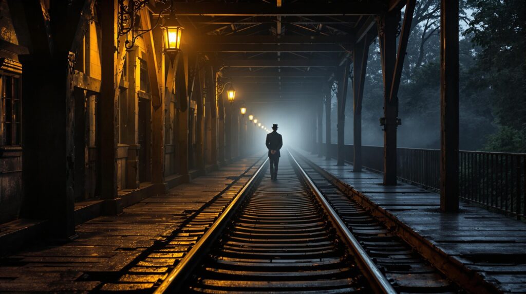 Atmospheric evening view of an old railway platform with vintage lanterns, misty tracks, and a faint, ghostly conductor in antique uniform, evoking Savannah’s rail history.