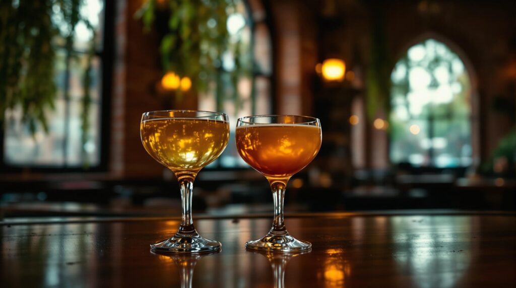 Close-up of two vintage cocktails on a wooden bar in a softly lit speakeasy setting, with blurred silhouettes and Spanish moss in the background, evoking hidden nightlife in Savannah, Georgia