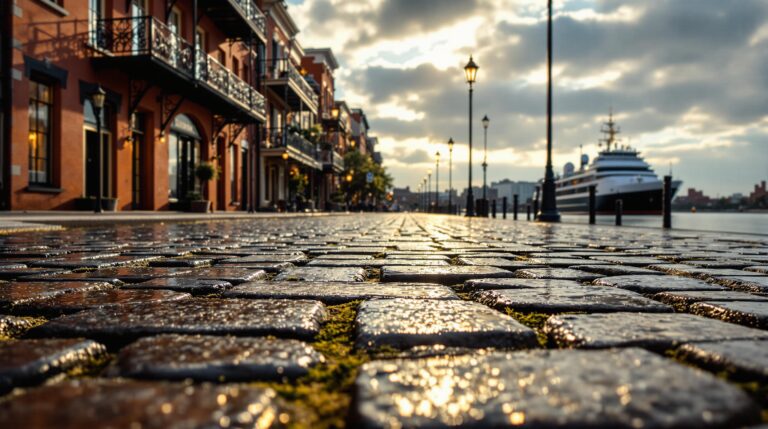 Close-up of weathered granite cobblestones on a historic street, glistening after rain with soft sunlight, moss in crevices, and blurred brick warehouses in the background.