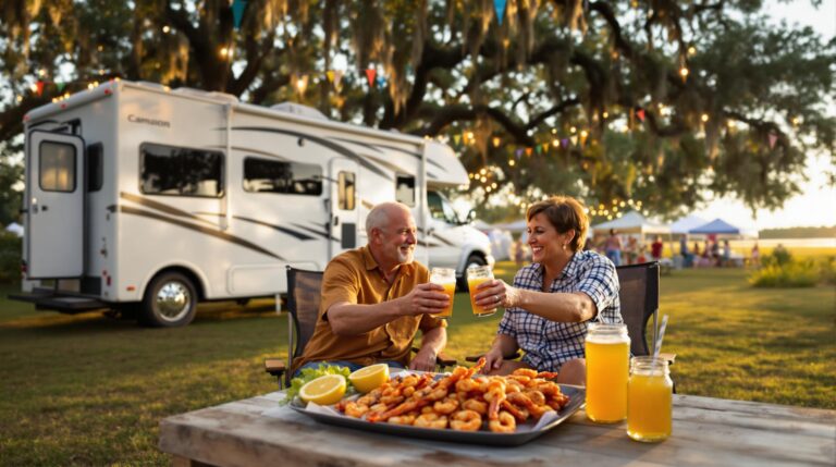 A smiling couple in casual clothes sits beside a white RV at a moss-draped campsite, toasting drinks next to a picnic table with grilled shrimp, festive bunting and tents in the background, evoking a Savannah shrimp festival atmosphere.