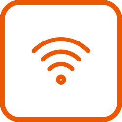Orange Wi-Fi symbol inside a rounded square outline on a black background.