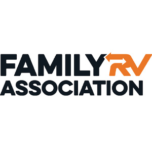 Family RV Association logo with the words "FAMILY ASSOCIATION" in black and "RV" in orange featuring arrow designs.