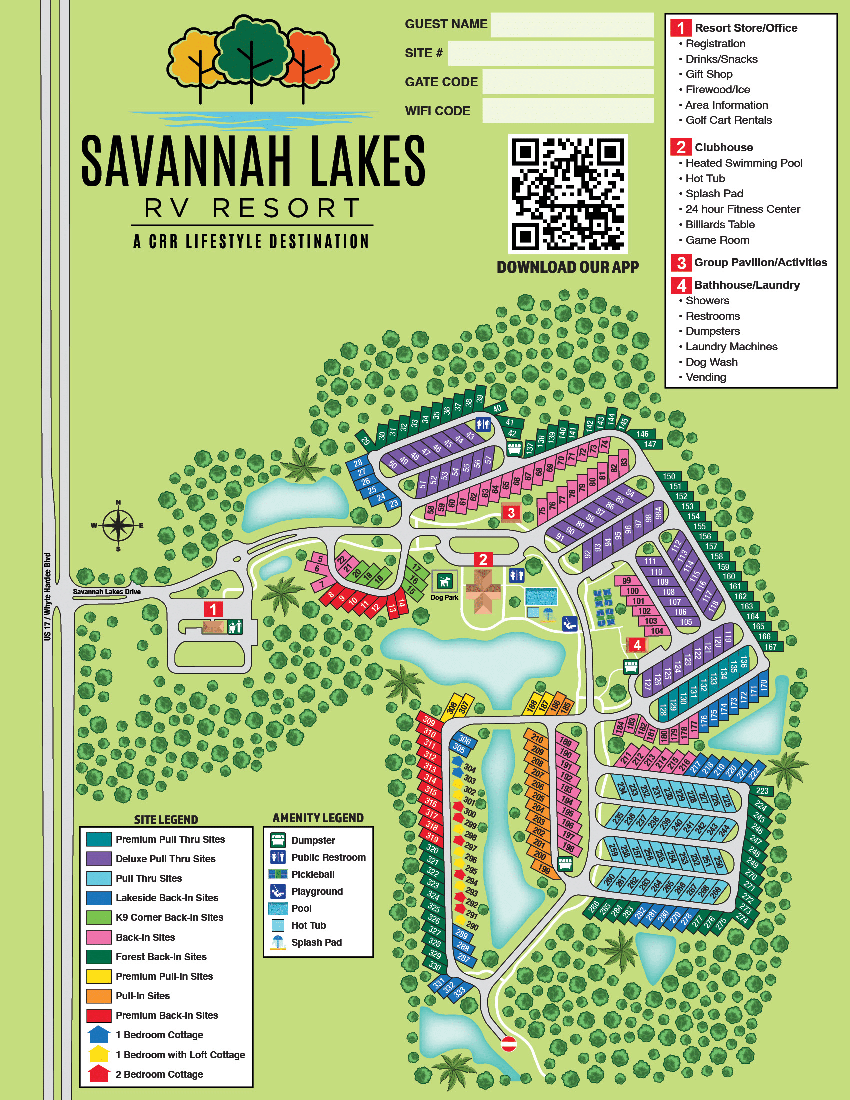 Illustrated map of Savannah Lakes RV Resort showing labeled guest amenities, color-coded site types, roads, ponds, and a legend for lodging and facilities.