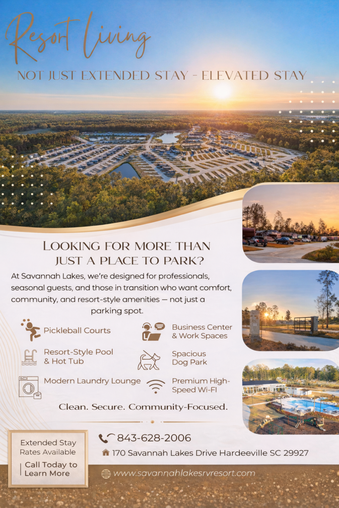 Aerial view of Savannah Lakes RV resort with text describing amenities including a pool, pickleball courts, laundry, workspaces, and pet-friendly features. Contact information is provided.