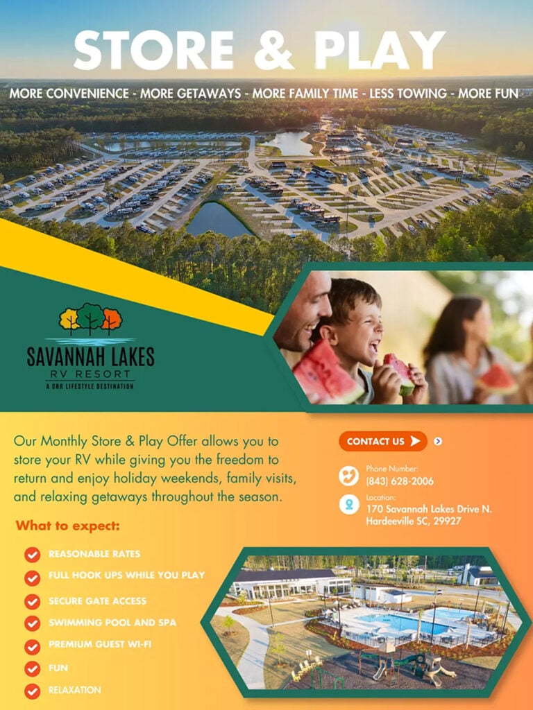 Promotional flyer for Savannah Lakes RV Resort, showing families enjoying activities, resort amenities, and details about a Store & Play offer with contact information and location.