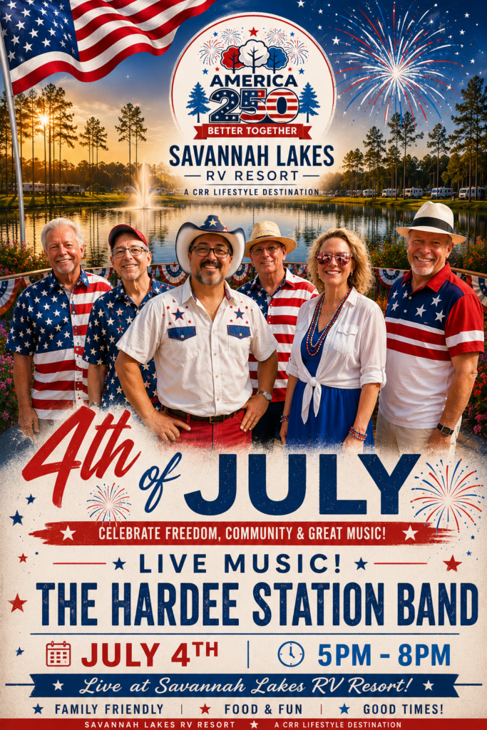 Six people in patriotic red, white, and blue outfits stand smiling in front of fireworks, promoting a July 4th event with live music by The Hardee Station Band at Savannah Lakes RV Resort.
