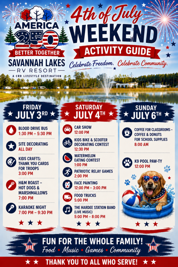 A colorful poster lists Savannah Lakes RV Resort’s 4th of July Weekend events, including food, games, contests, and fireworks, with patriotic decorations and an image of a dog in a pool.