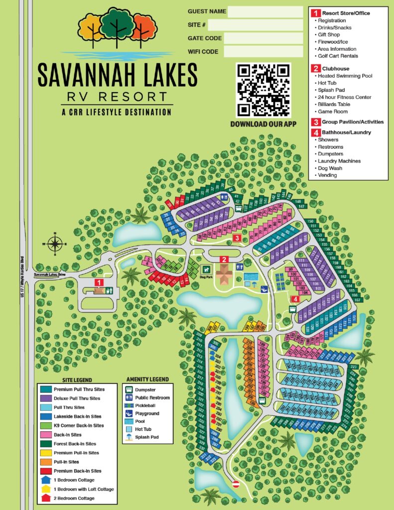 Aerial view of Savannah Lakes RV Resort, an overnight-friendly RV park 4 minutes off I-95 Exit 5