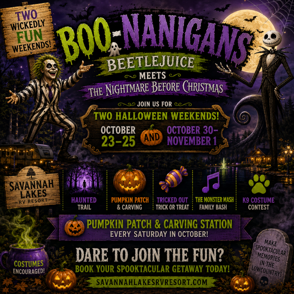 Colorful event poster for “BOO-NANIGANS,” featuring Halloween activities like a haunted trail, pumpkin patch, costume contests, and more, held over two weekends in October.