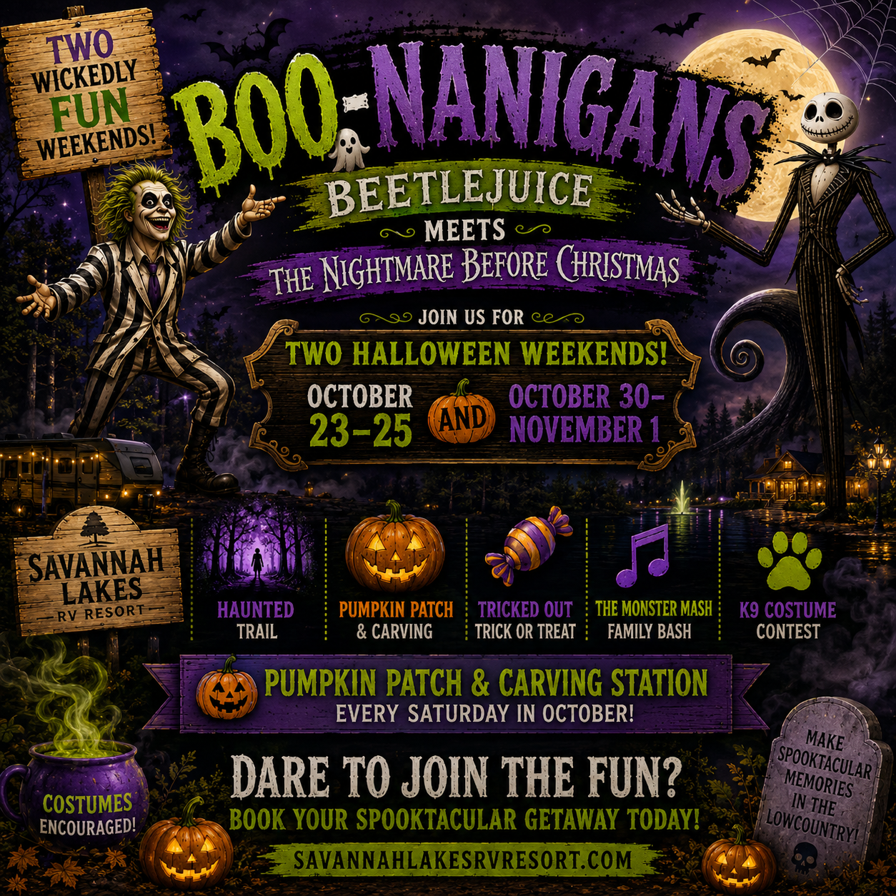 Colorful event poster for “BOO-NANIGANS,” featuring Halloween activities like a haunted trail, pumpkin patch, costume contests, and more, held over two weekends in October.