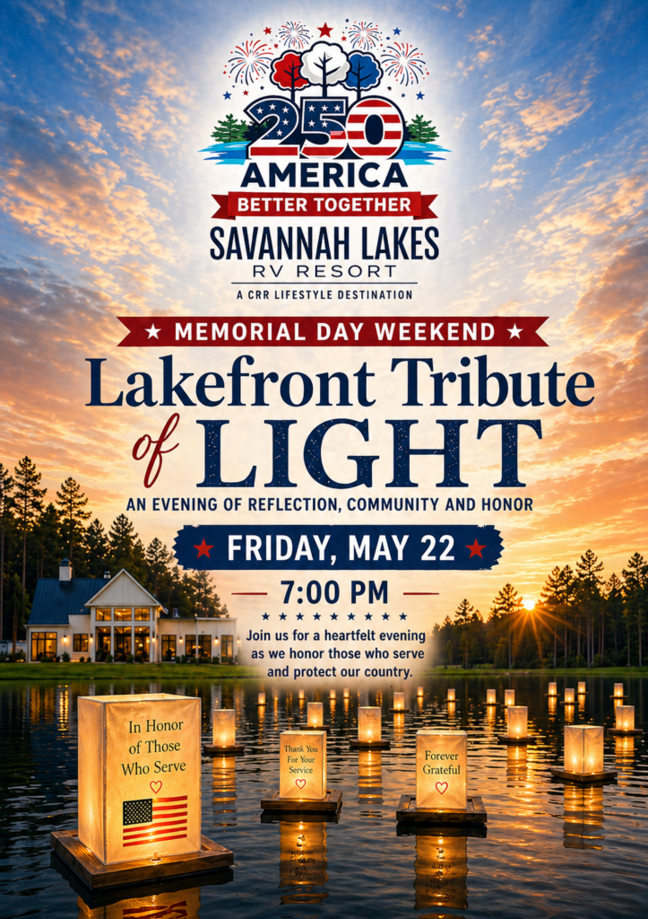 Lanterns float on a lake at sunset, each labeled to honor service members, promoting a Memorial Day weekend tribute event at Savannah Lakes RV Resort on Friday, May 22 at 7:00 PM.