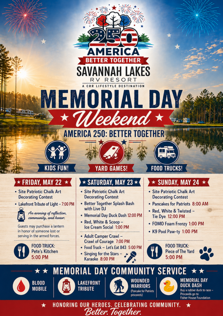 Memorial Day Weekend event poster for Savannah Lakes RV Resort with schedule, activities, food trucks, and community service information, set against a lake and fireworks background.